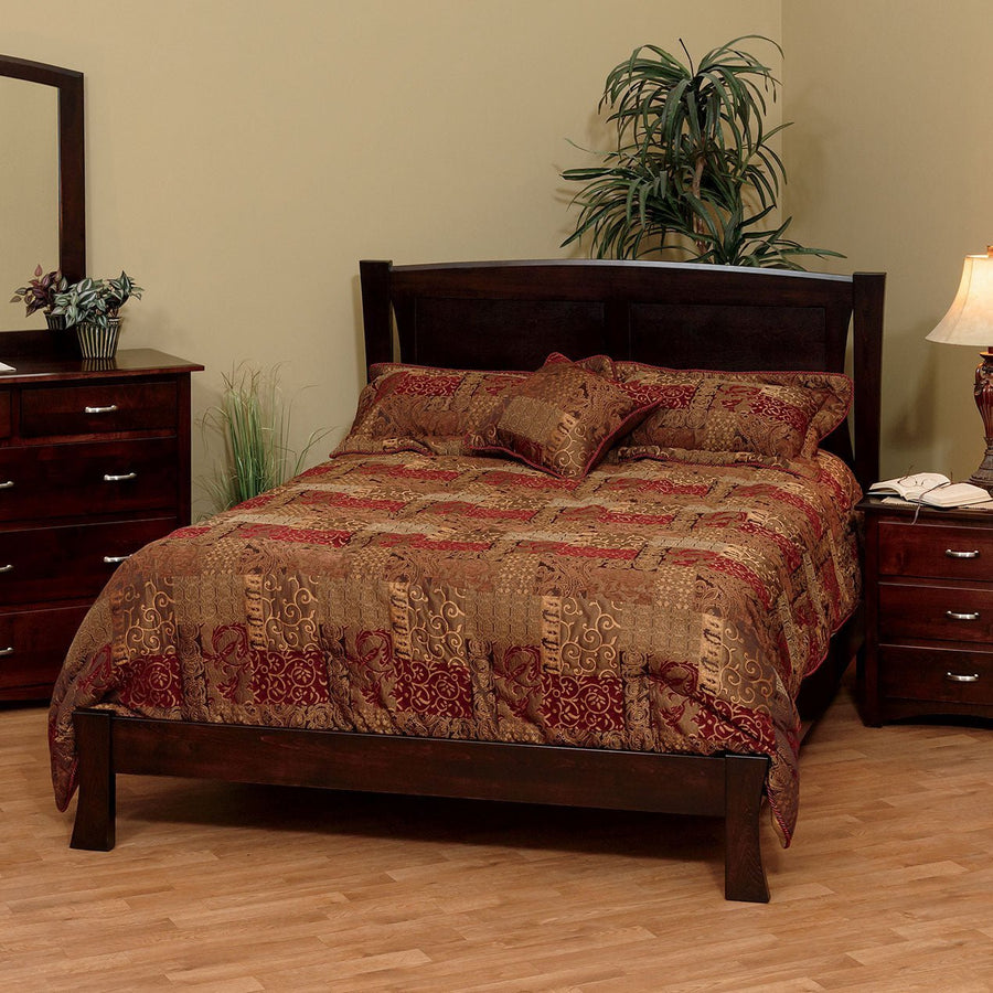 Dark espresso modern bed with a curved two-panel headboard, low platform rails and a burgundy tapestry duvet