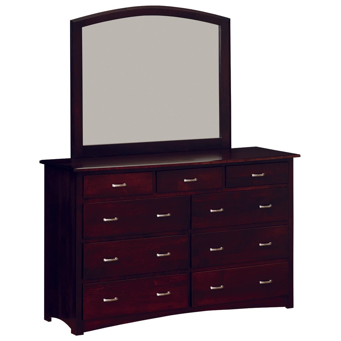Nine-drawer espresso dresser with an arched-top mirror, brushed nickel handles and curved apron