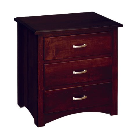 Three-drawer nightstand in dark espresso wood with satin nickel bar pulls and an arched apron base