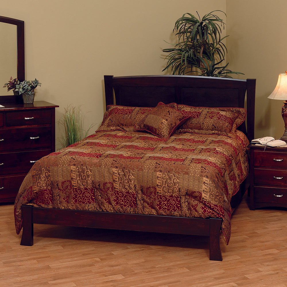 Espresso finished bed with a two-panel headboard, angled posts and burgundy gold jacquard bedding