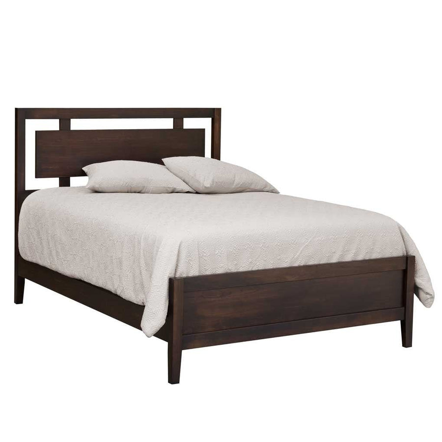 Dark espresso open panel bed with a cutout grid headboard, flat footboard and tapered legs on a white background