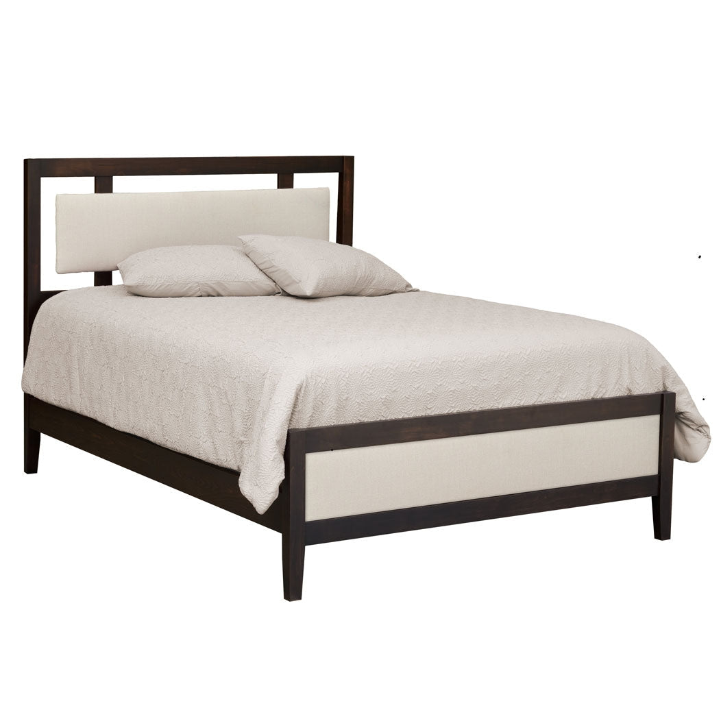 Espresso open panel bed with a cream upholstered headboard insert and matching fabric footboard panel