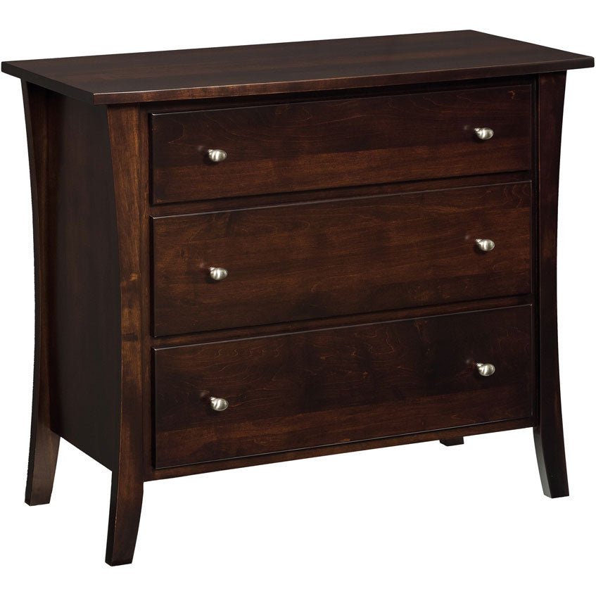 Dark espresso three drawer changer chest with nickel knobs, flared sides and splayed legs
