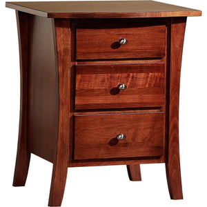 Cherry stained three drawer nightstand with nickel knobs, flared sides and splayed legs on white