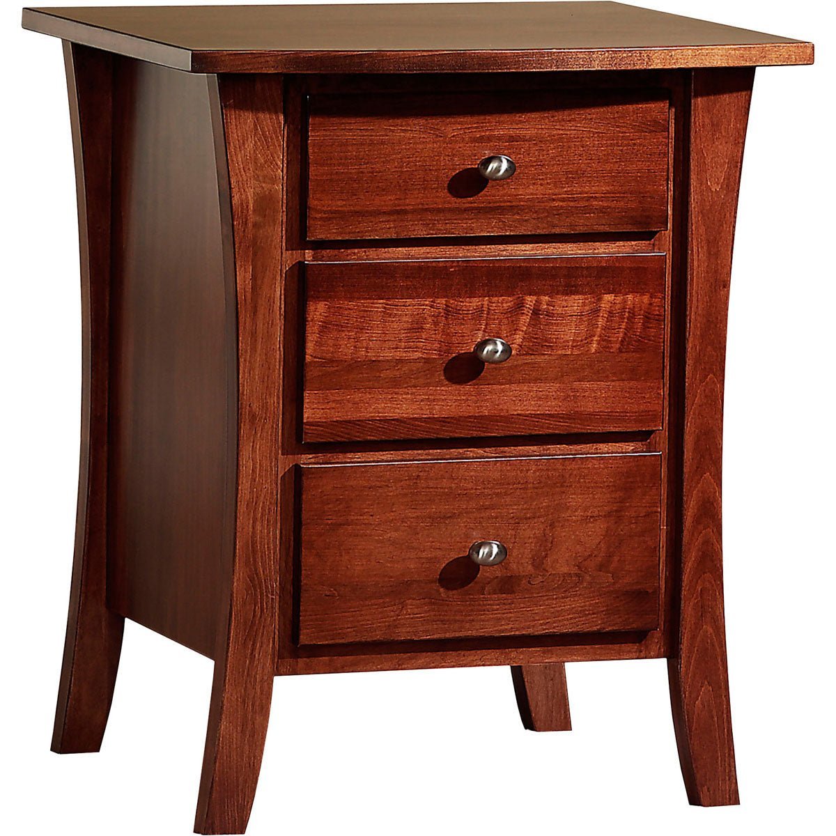 Cherry stained three drawer nightstand with nickel knobs, flared sides and splayed legs on white