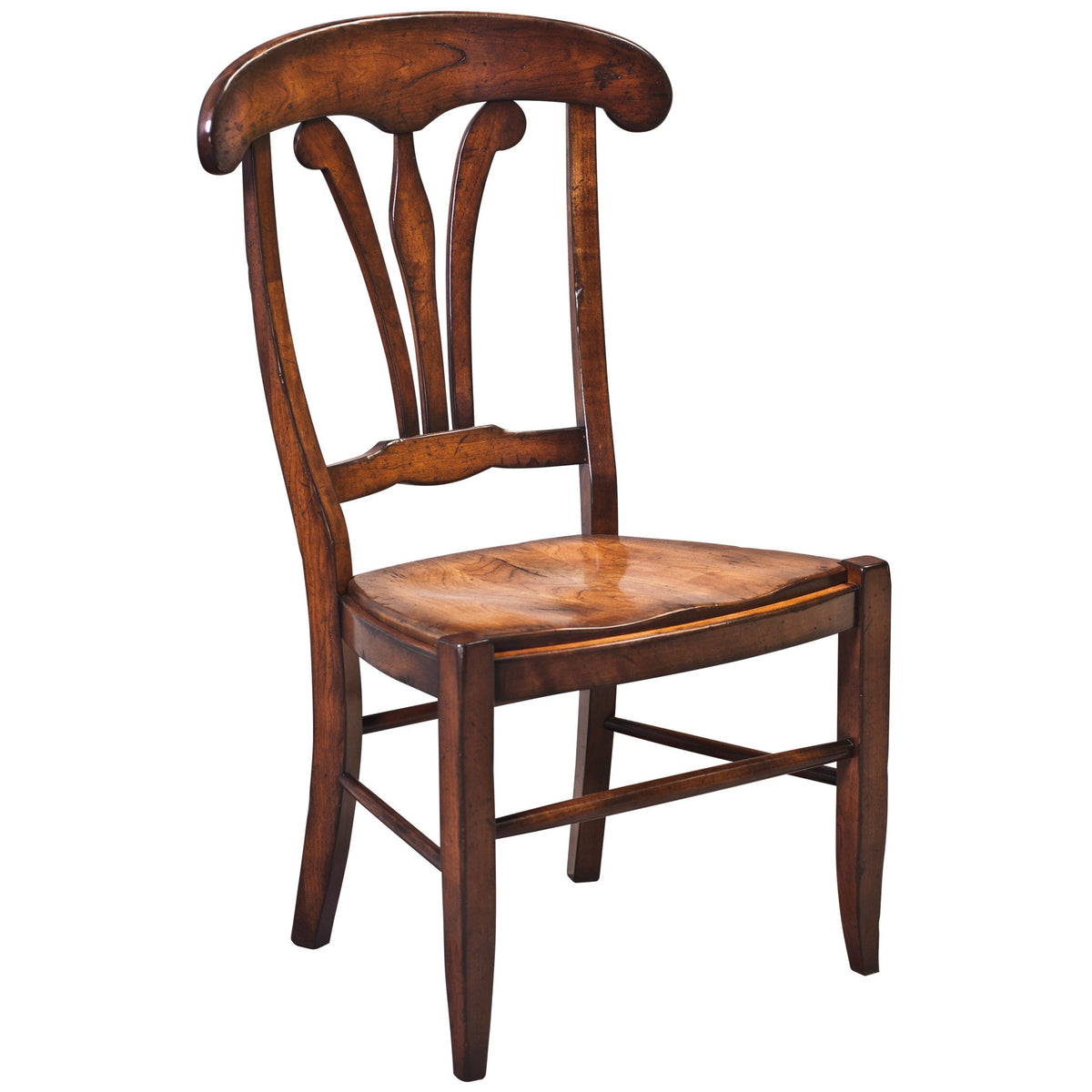 Distressed cherry dining side chair with a rounded crest rail, scrolled splat back and solid wood seat