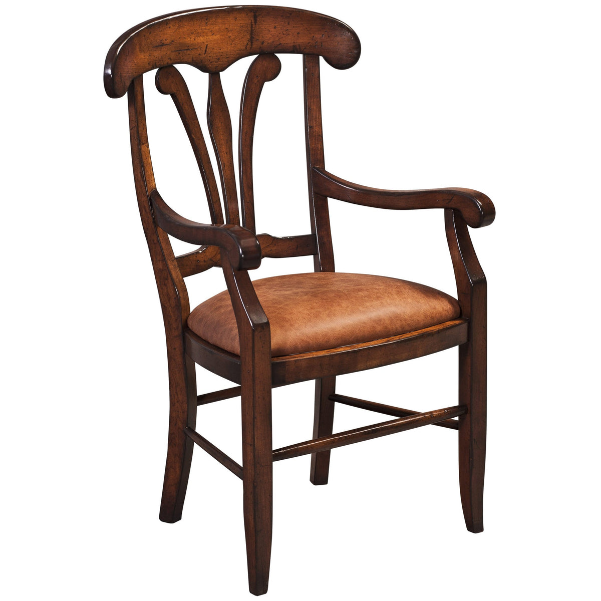 Country cherry arm chair with a saddle brown leather seat, curved crest rail and shaped open arms