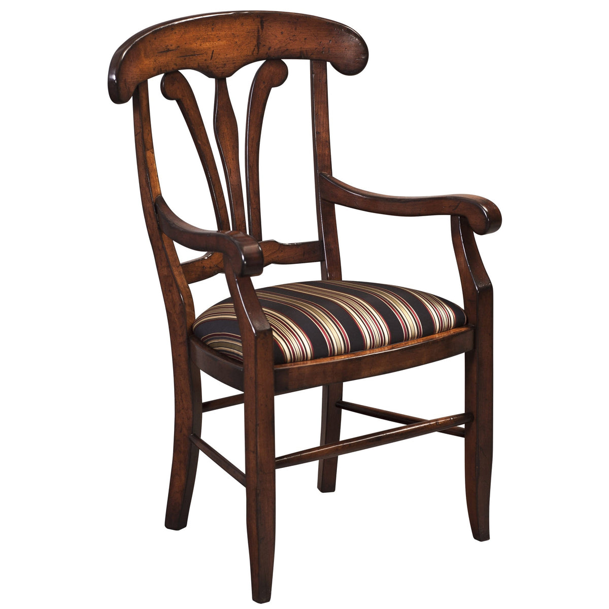 Cherry dining arm chair with a black and tan striped fabric seat, rolled arms and a scrolled splat back
