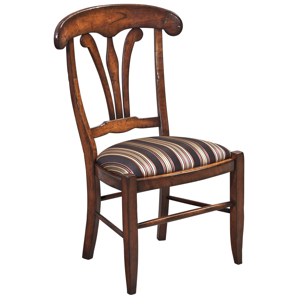 Dining side chair in distressed cherry with a striped black upholstered seat and scrolled open splat back