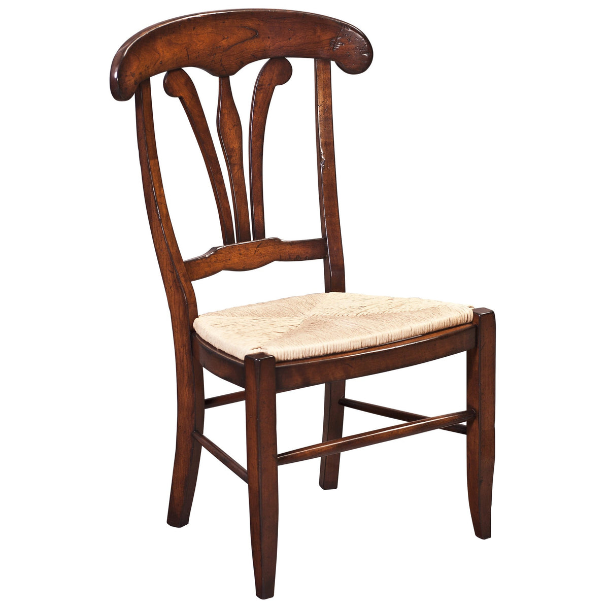 Cherry side chair with a woven rush seat, rounded crest rail and splat back on a white background