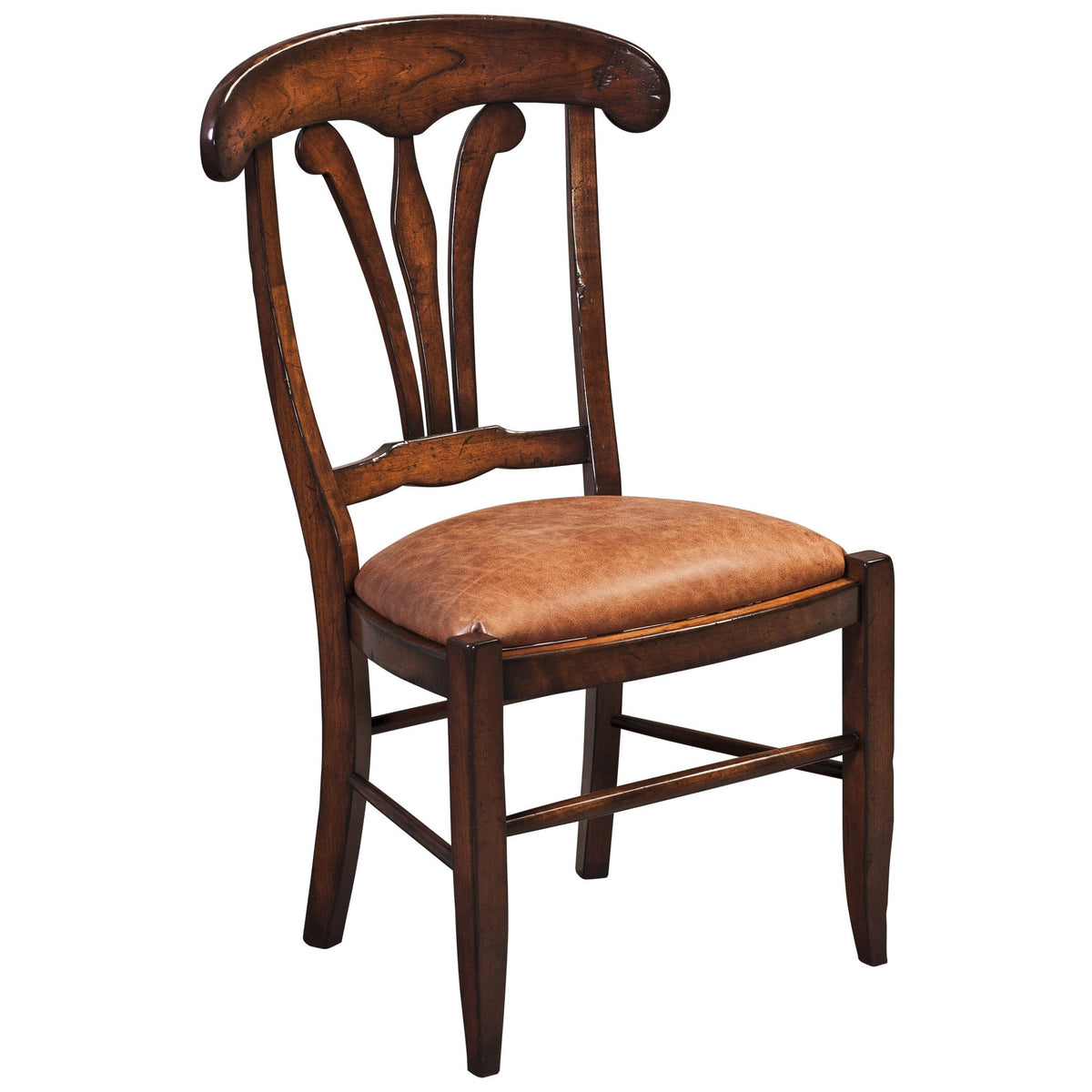Cherry country dining chair with a soft tan leather seat, curved crest rail and shaped splat back