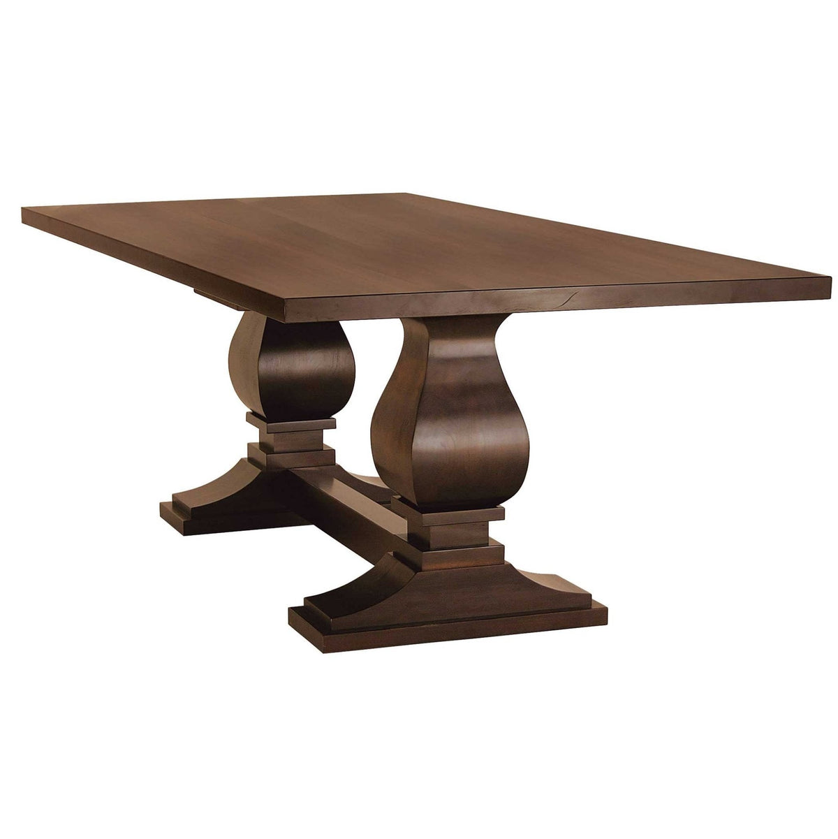 Angled view of the double pedestal dining table showing two urn shaped pedestals on shaped feet and a plank top