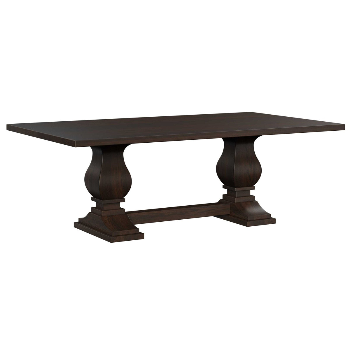 Double pedestal dining table in dark espresso brown with curved urn pedestals and a low trestle stretcher