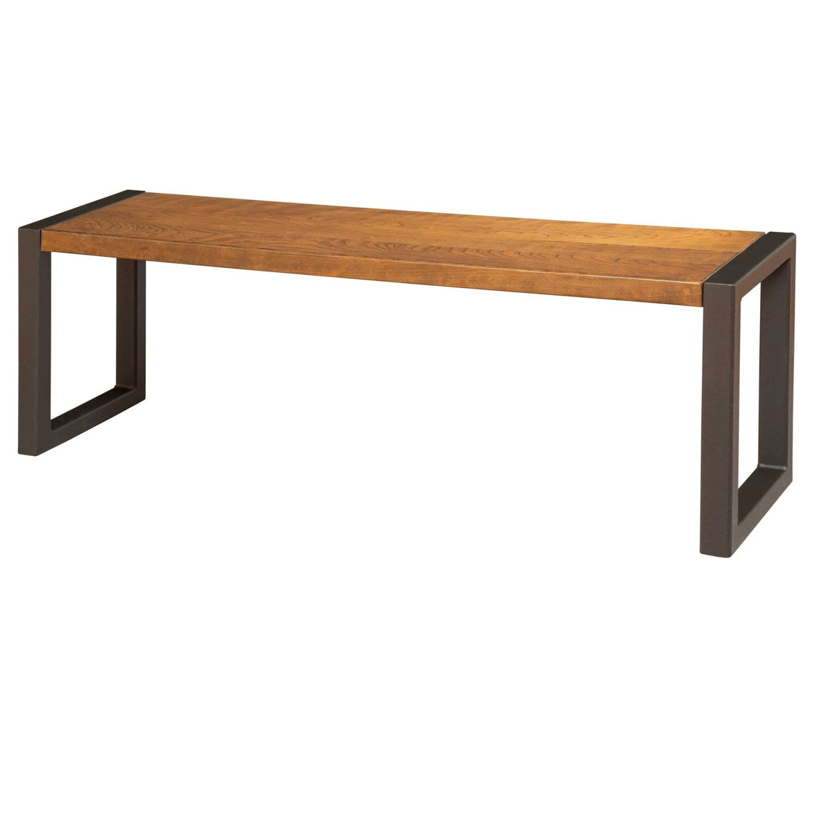 Dining bench with a honey oak seat top and bronze finished rectangular loop legs on a white background