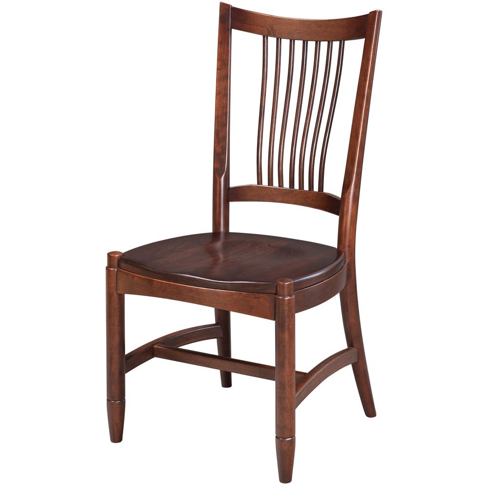 Dark cherry lumbar back dining chair with a scooped solid wood seat and curved stretcher braced legs