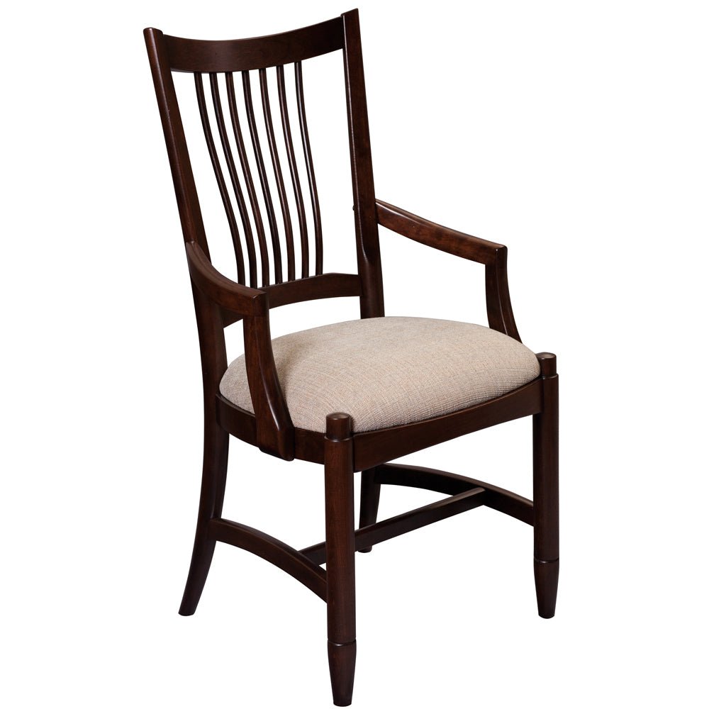 Lumbar back dining arm chair in dark cherry with shaped arms and a linen colored padded seat