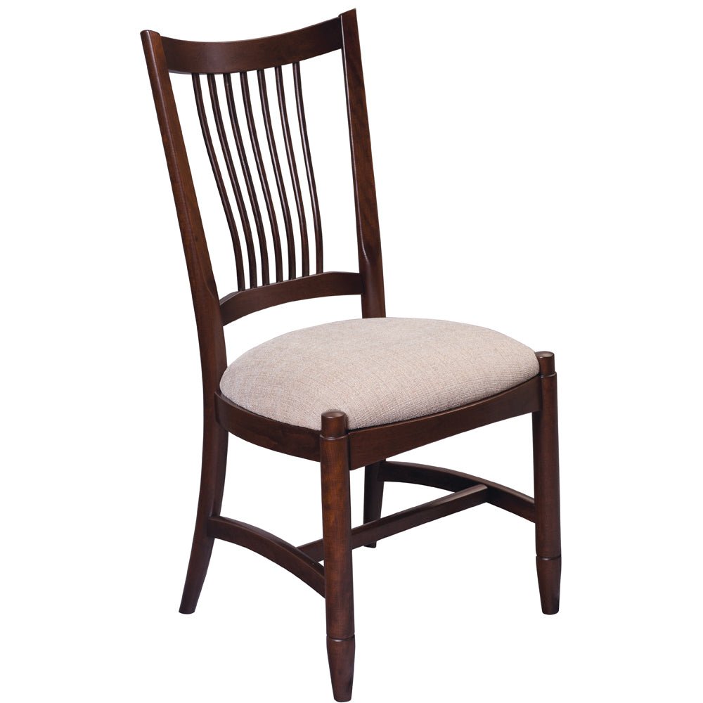 Cherry dining side chair with a fanned lumbar slat back, oatmeal upholstered seat and turned tapered legs