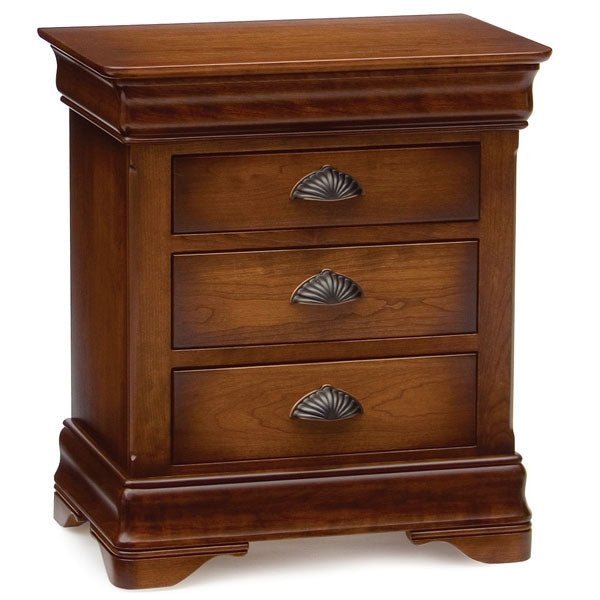 Cherry three-drawer nightstand with shell-shaped cup pulls, ogee molding and bracket feet on a white background