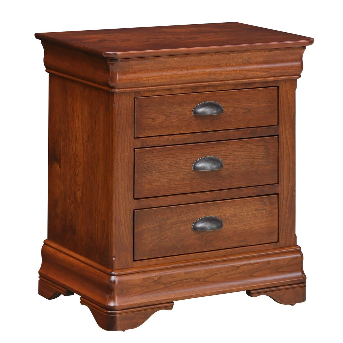 Traditional cherry three-drawer night stand with antiqued cup pulls, molded top and a shaped bracket base