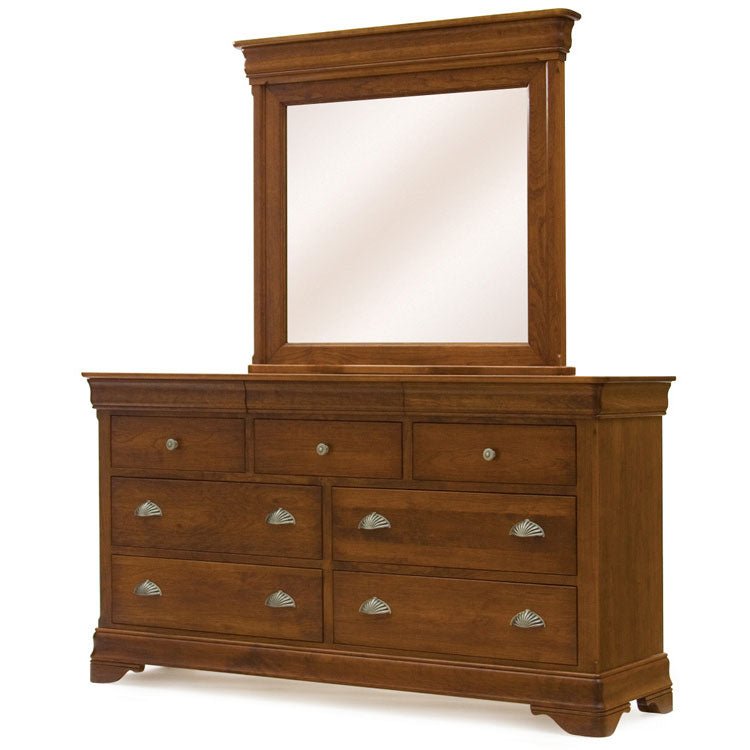 Cherry seven-drawer triple dresser with shell cup pulls and a matching tall square mirror