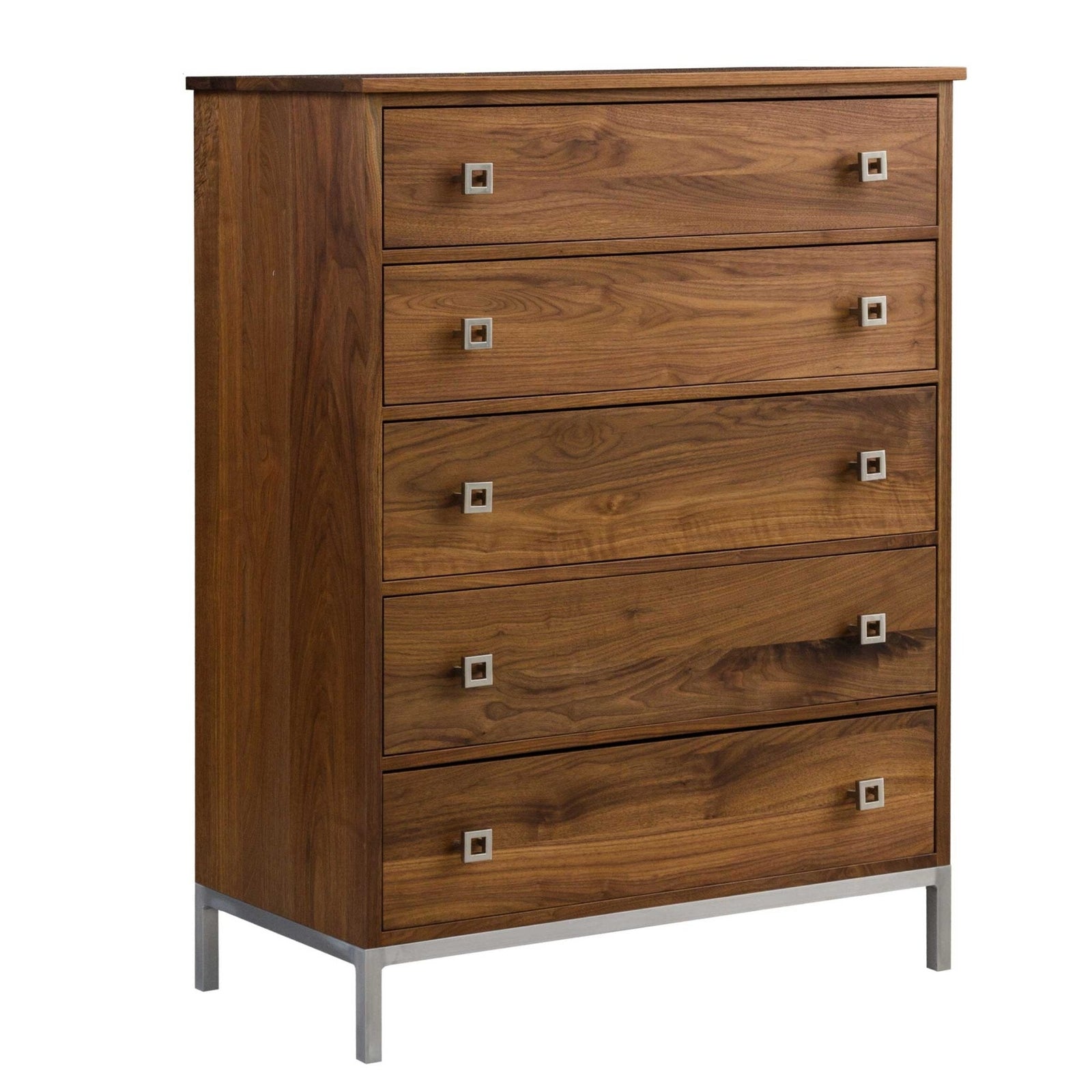 Walnut bedroom with a slat headboard panel bed, five drawer chest of drawers and matching dresser on steel legs