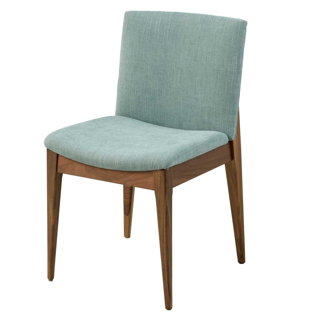 Mid century dining chair upholstered in seafoam green fabric on a walnut frame with tapered legs, white background