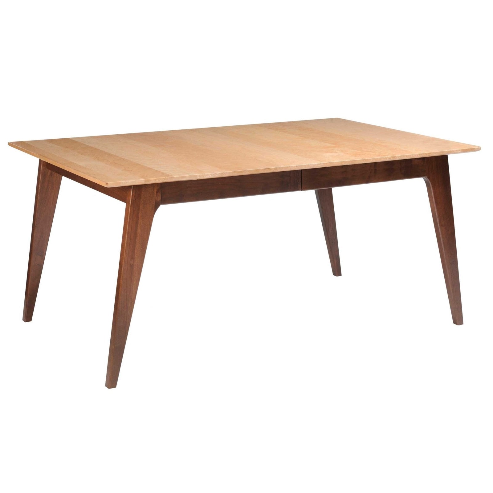 Mid century modern dining table with a maple top and walnut angled legs, set with curved arm chairs in a loft