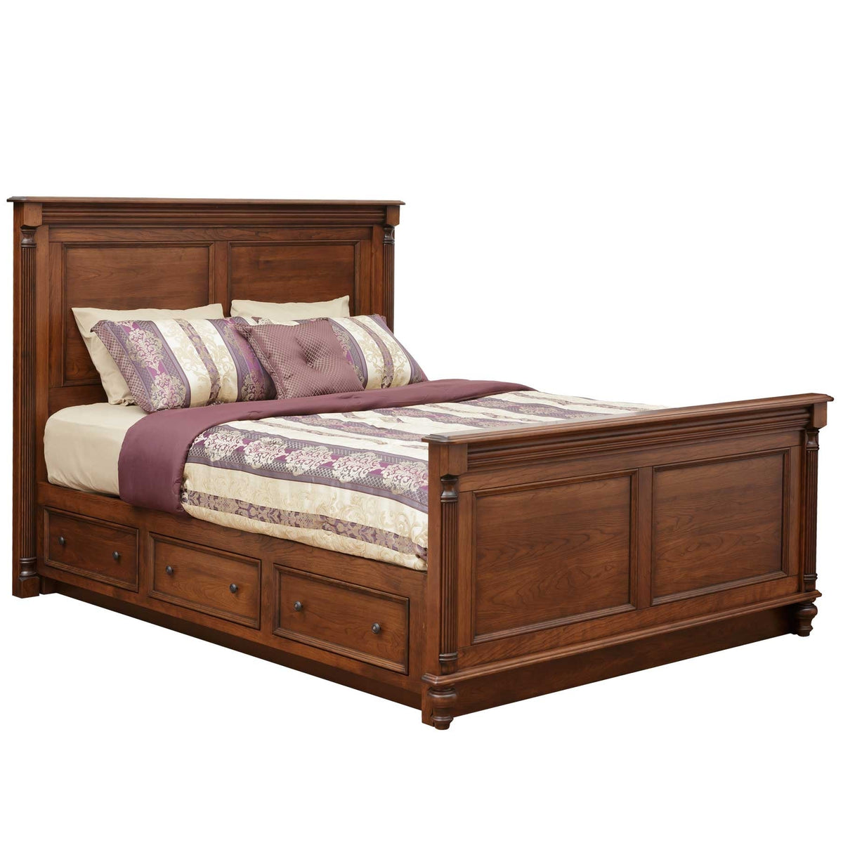 Cherry Milano panel bed with three footboard storage drawers, dressed in cream and plum bedding on a white background
