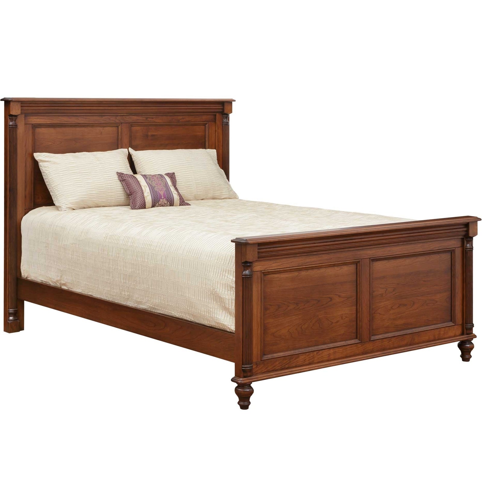 Cherry Milano panel bed with tall gentleman's chest and nightstand in a warm styled bedroom with framed wall art