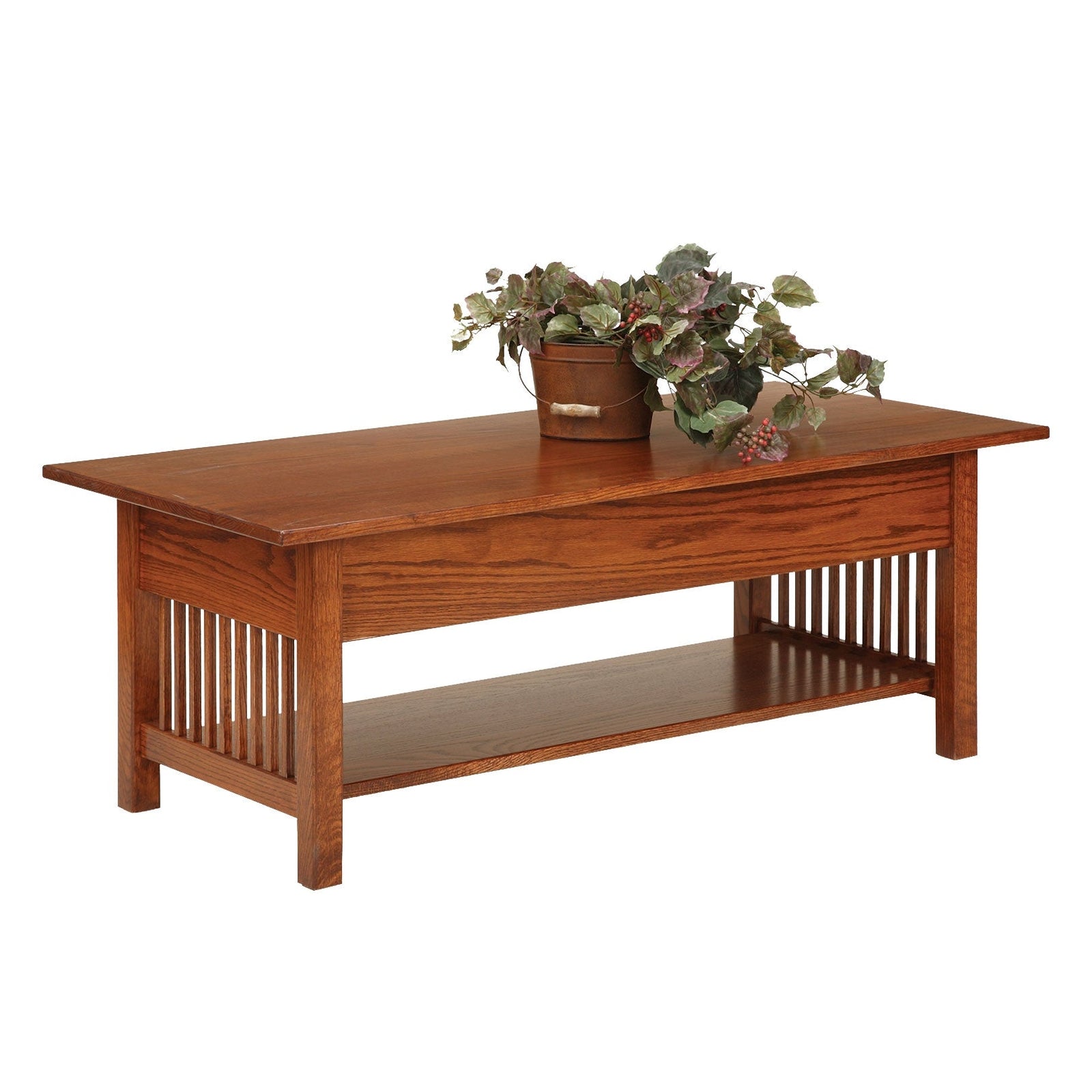 Oak Mission lift top coffee table with the top raised on gas struts to reveal storage, slat sides and bottom shelf