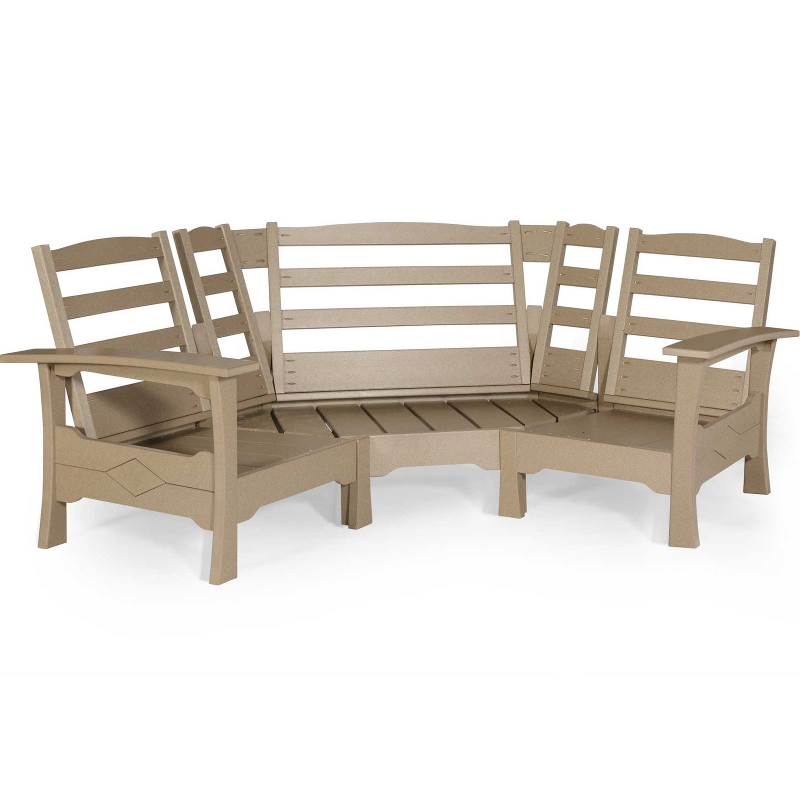 Brown poly corner sectional sofa with ivory patterned cushions, red accent pillows and a matching coffee table on a deck