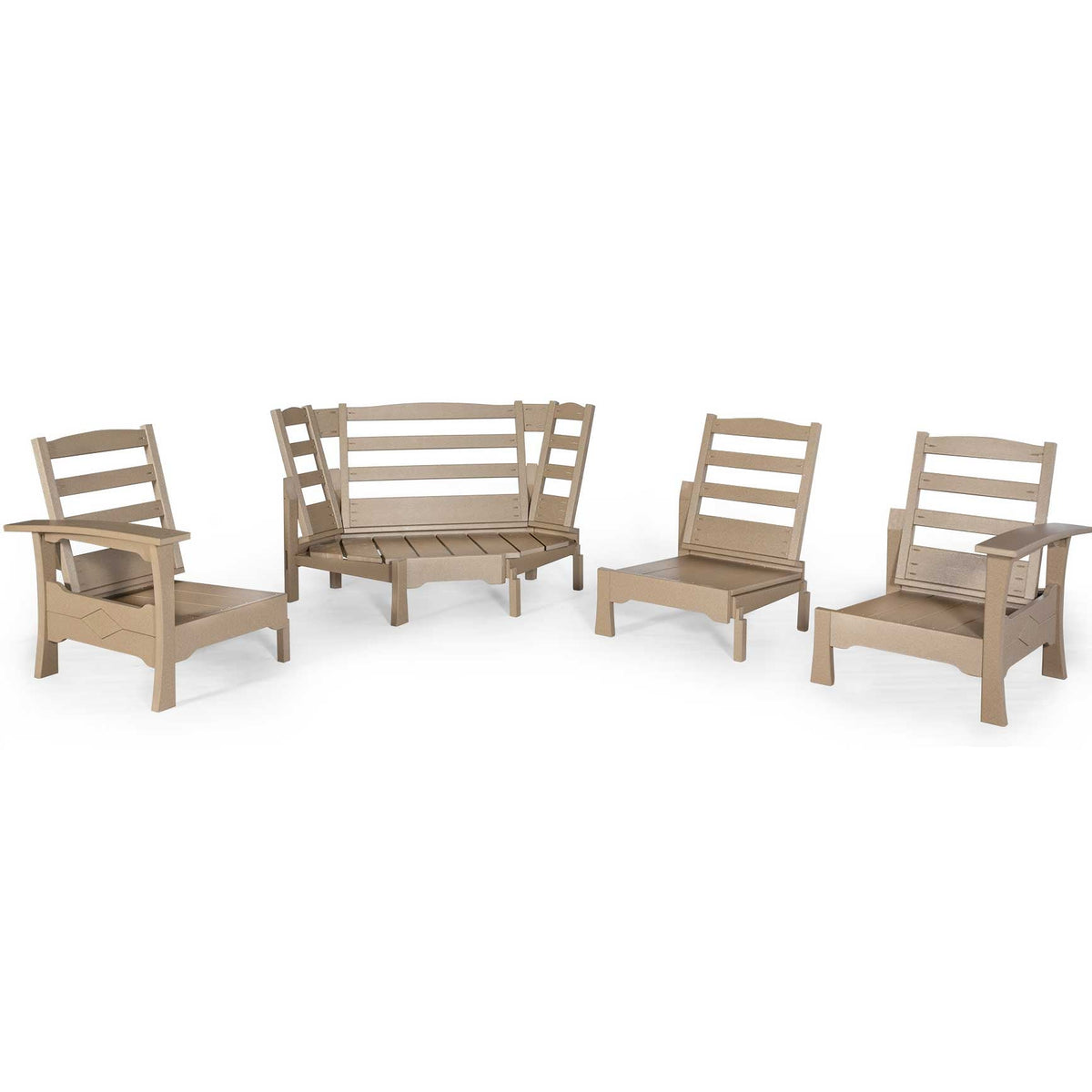 Weathered tan poly modular patio seating pieces including a corner wedge, arm sections and armless chairs on white