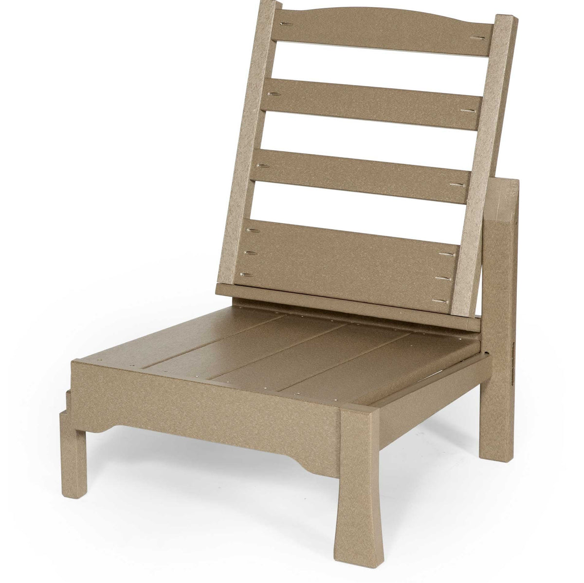 Tan poly armless expansion chair section with a four slat ladder back and plank seat on a white background