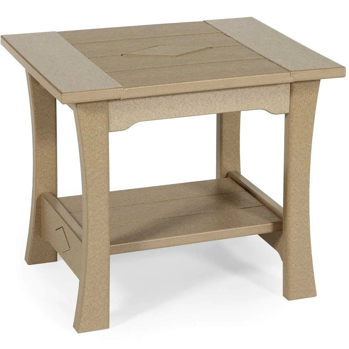 Tan poly square patio end table with plank top, lower shelf and flared legs with diamond detail on a white background