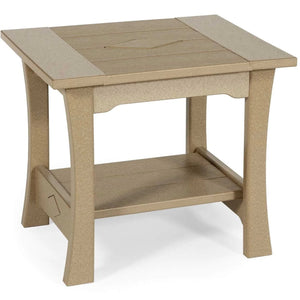 Tan poly square patio end table with plank top, lower shelf and flared legs with diamond detail on a white background