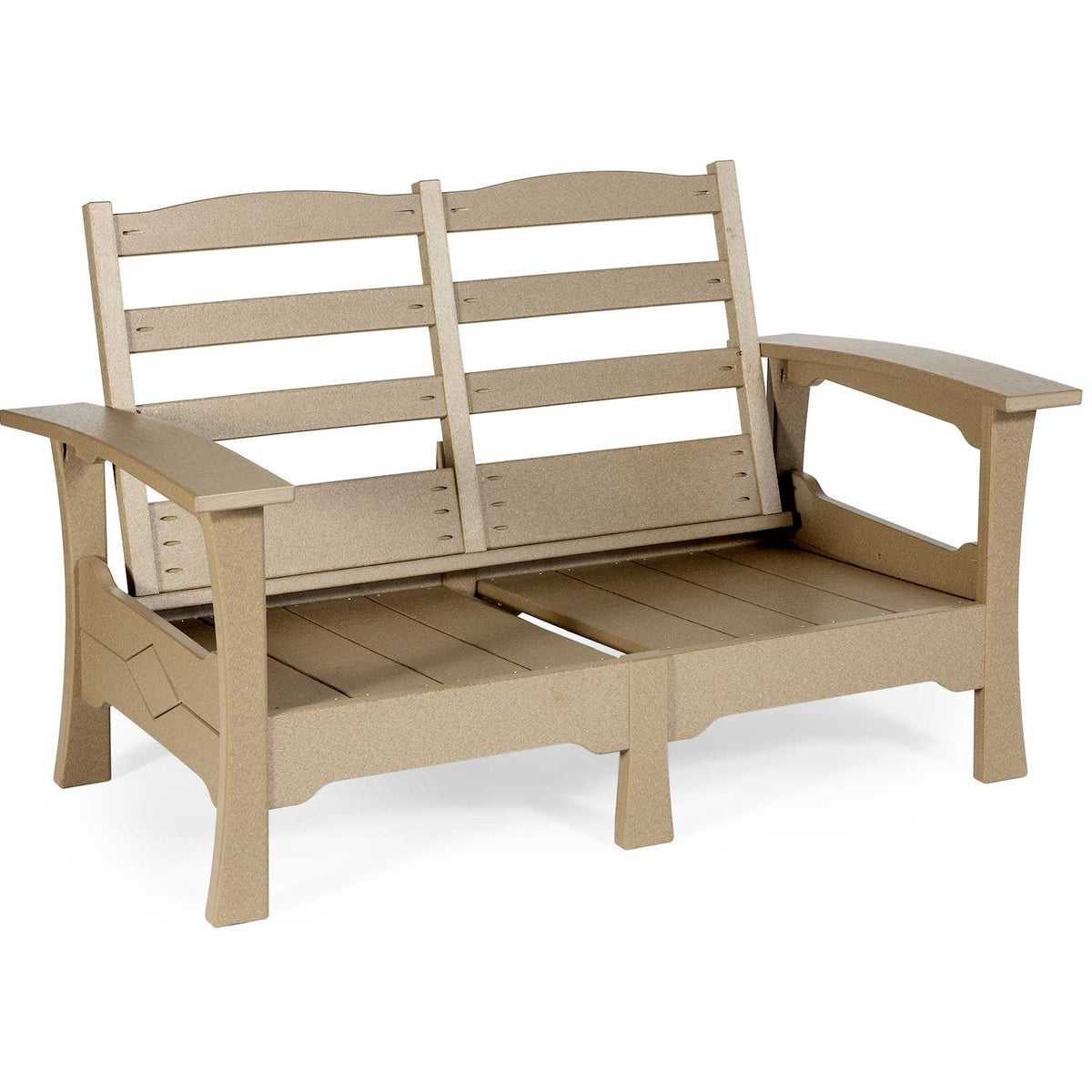 Tan poly patio loveseat frame with two ladder back panels, wide flat arms and diamond side accents on a white background