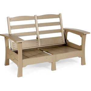 Tan poly patio loveseat frame with two ladder back panels, wide flat arms and diamond side accents on a white background