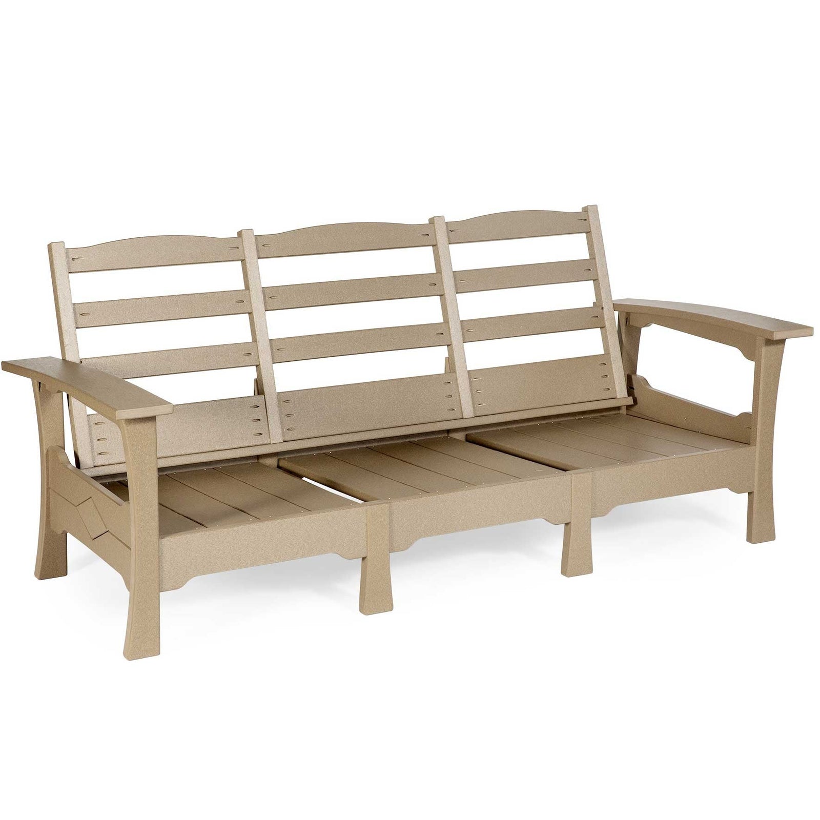 White poly patio sofa with navy and white geometric cushions, purple pillows and a white coffee table on a deck