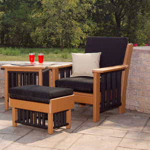 Cedar and black poly Mission chair with black cushions, matching ottoman and slatted side table