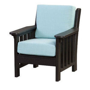 Black poly Mission patio chair with light blue box cushions, slat sides and wide flat arms