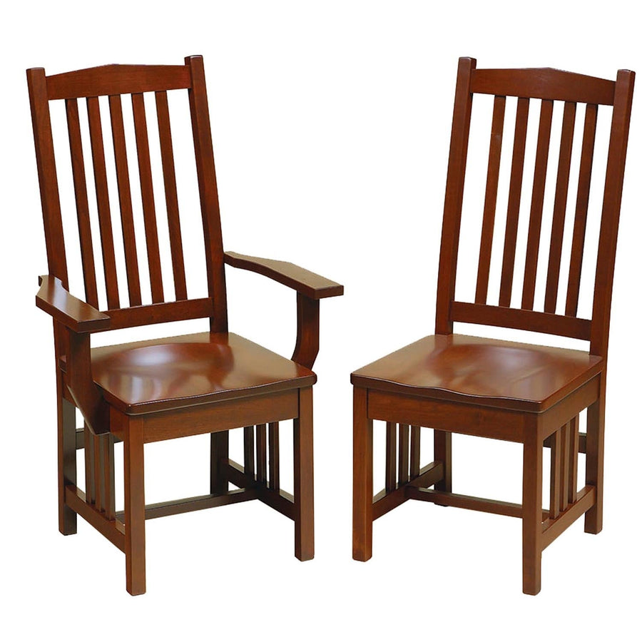 Mission dining arm chair and side chair in cherry with vertical back slats and contoured wood seats