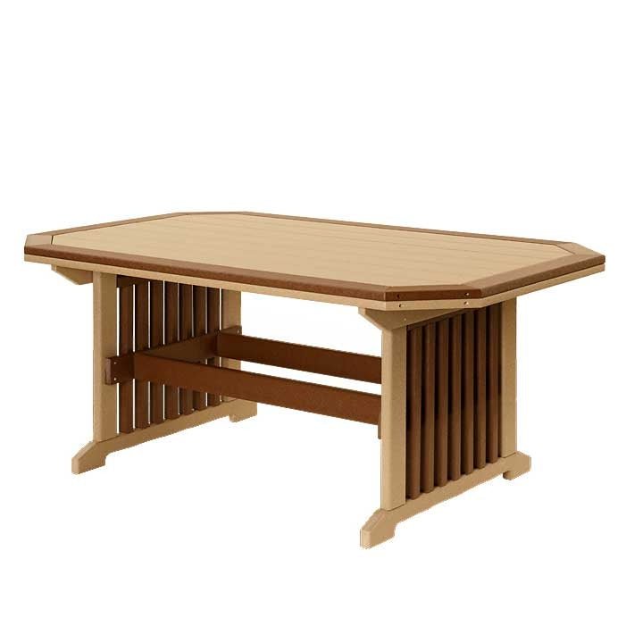 Cedar poly patio dining table with a bordered clipped-corner top and brown slatted mission trestle base on a white background