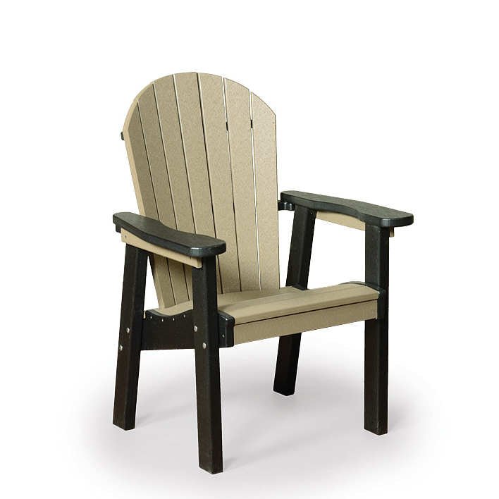 Cedar and brown poly Adirondack dining chairs with contoured slat seats around a patio table on a dock