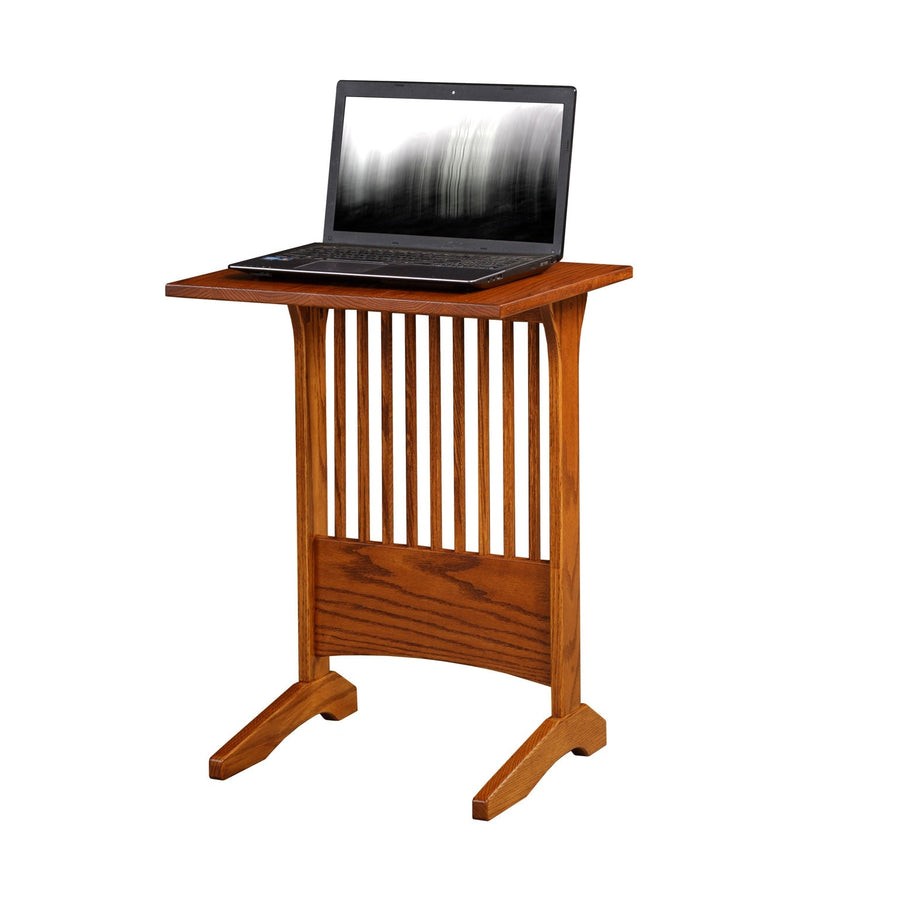 Oak sofa server table with vertical slat panel, arched lower rail and splayed pedestal feet holding a laptop