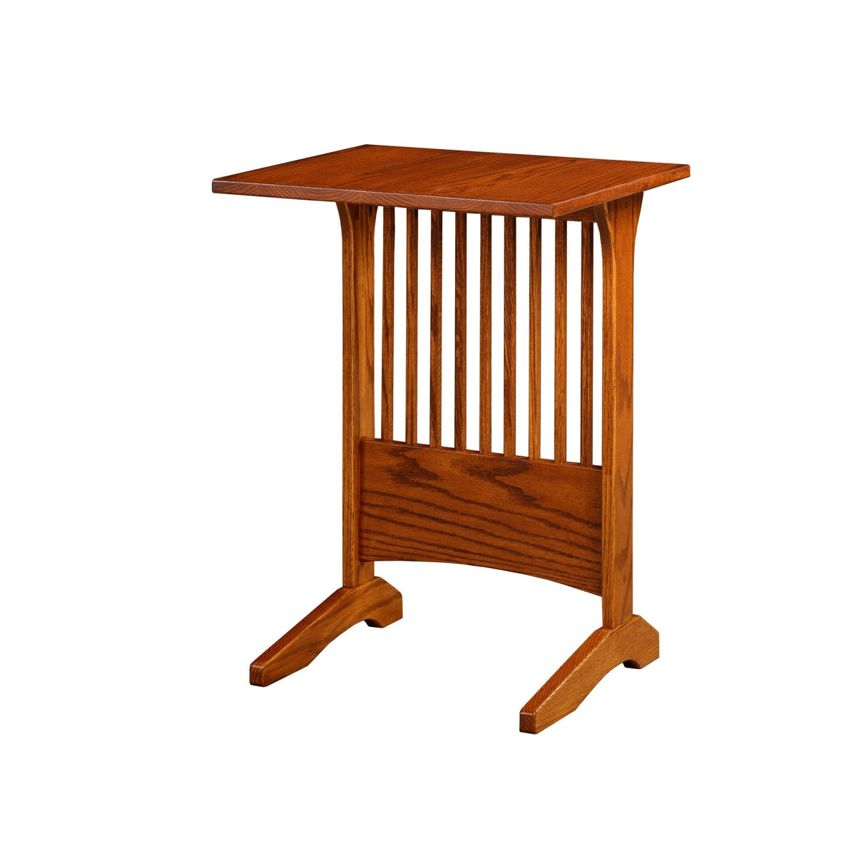 Mission oak sofa server side table with spindle sides, arched panel and trestle style feet on a white background