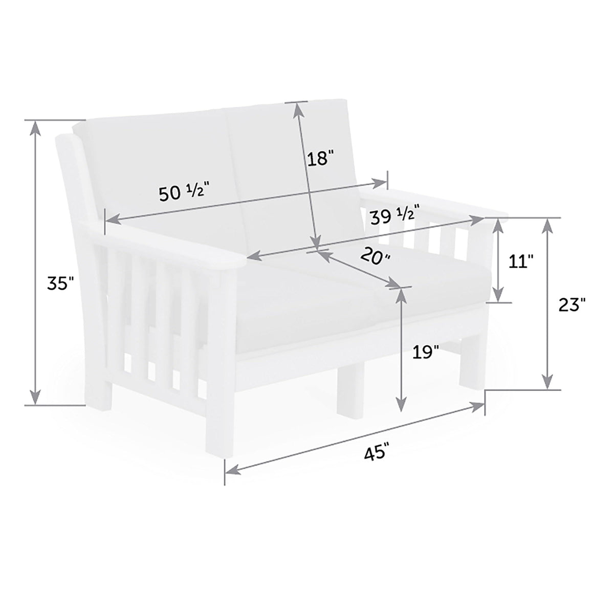 Dimension drawing of the cushioned Mission seat: 45 inch frame width, 23 inch arm height, 20 inch depth