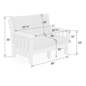 Dimension drawing of the cushioned Mission seat: 45 inch frame width, 23 inch arm height, 20 inch depth