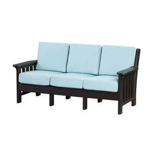 Black poly Mission three seat sofa with light blue cushions and slatted arm panels
