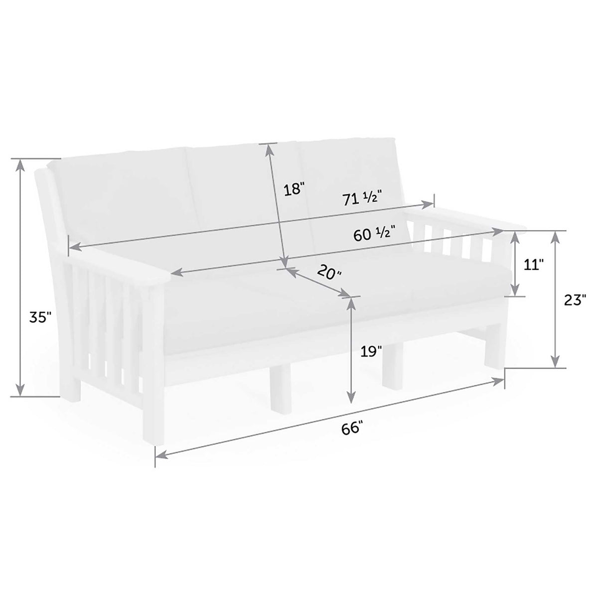 Dimension diagram of the Mission patio sofa: 66 inch frame, 71.5 inch back, 19 inch seat height