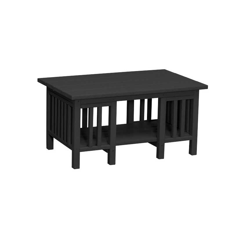 Ivory poly Mission coffee table with slatted sides holding candles and potted plants beside a sofa at dusk